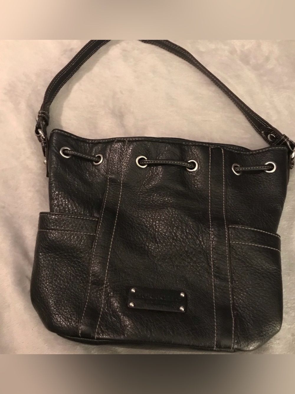 Preowned Tignanello Black Leather Bag Drawstring magnet close 
10”by 12”